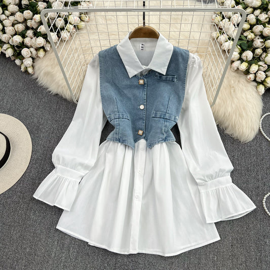 Denim Vest Two-piece Puff Long-sleeved A-line Shirt Dress Women 290