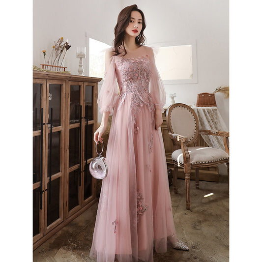 Pink A Line Long Prom Dress Flower Tulle Fairy Formal Party Gown Sweet Birthday Party Dress 308