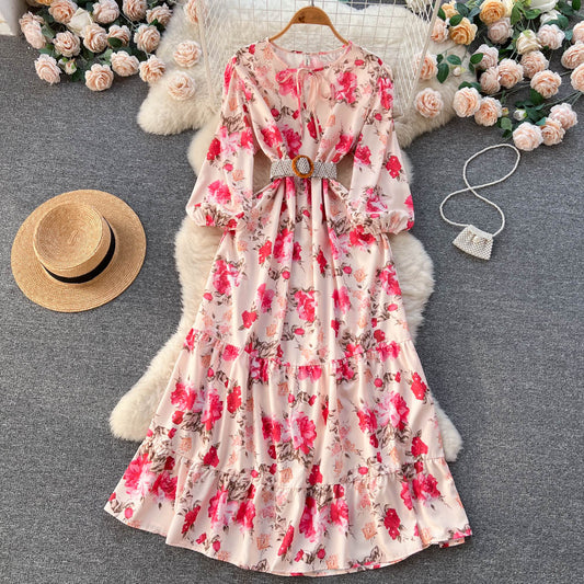 New Puff Sleeve Printed Dress Floral Fairy Long Skirt 289