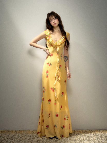 Robe longue sirène fleurie à bretelles et volants jaunes L68