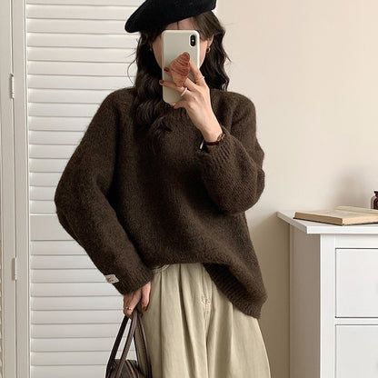 Furry Loose Pullover Sweater Round Neck Autumn Long Sleeve Soft Knitted Top 1949