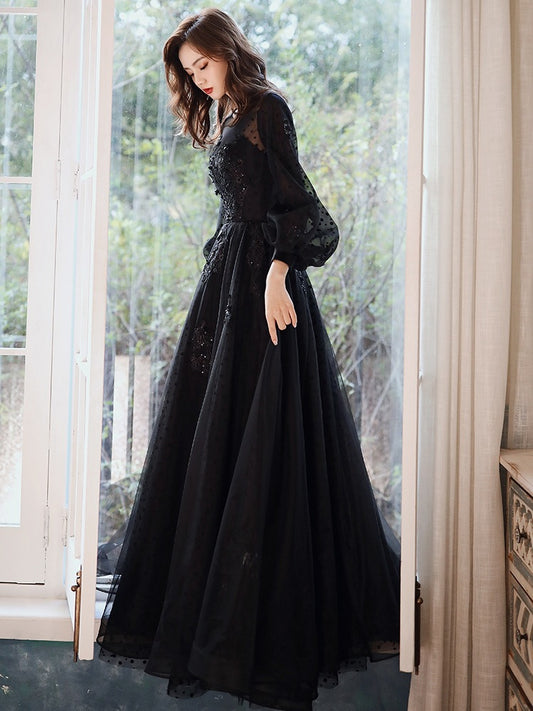 French Style Black Long Prom Dress Long Sleeves Evening Party Dress 198