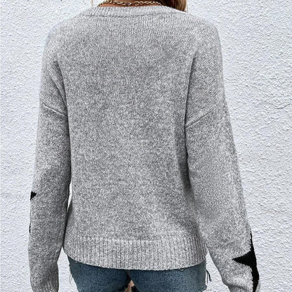 Autumn and Winter Women  Knitted Sweater Round Neck Star Jacquard Pullover Sweater 1641