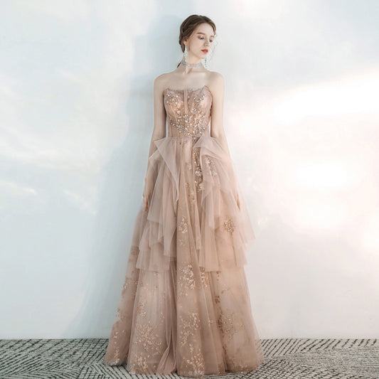 Champagne Pink Tulle Prom Dress Strapless Long Evening Dress Formal Party Dress 128