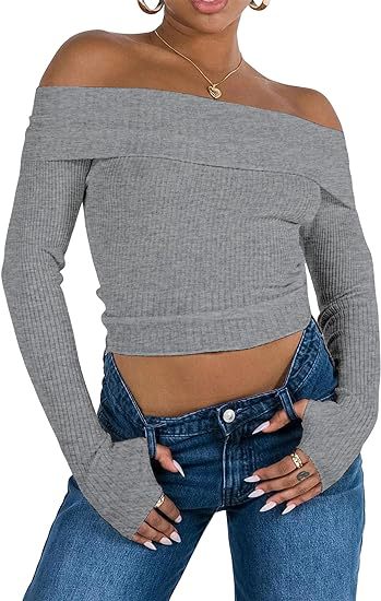 Women's Off-shoulder Exposed Color Slim Short Sweater Long-sleeved Sweater 1902