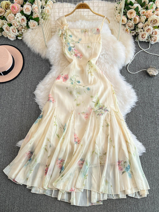 Spaghetti Strap Floral Apricot Dress Summer Chiffon Long Skirt  L61
