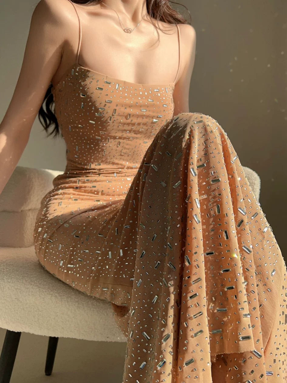 Nude Rhinestone Spaghetti Strap Dress for Banquets & Birthday Parties L86