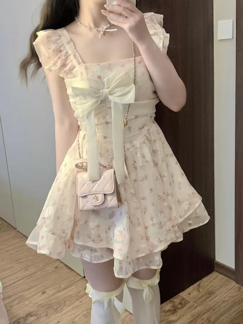 Sweet Bow Floral Dress Women's Summer Fluffy Short Dress L36