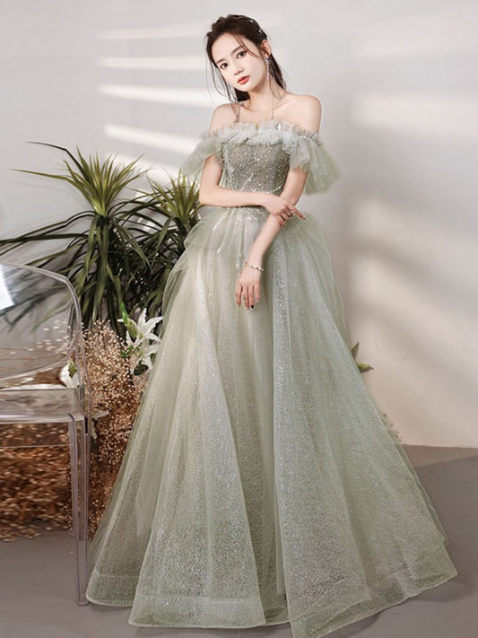 Beaded Green Tulle Long Prom Dress Off  Shoulder Long Evening Dress 154 - JulyProm