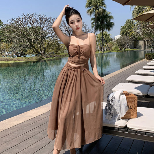 Brown Spaghetti Strap Summer Dress Women Skirt 417