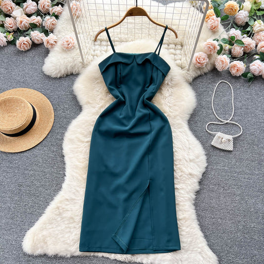 Spaghetti Strap Dress Women Summer French Retro Slit Skirt 342