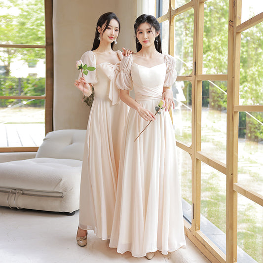 A Line Champagne Bridesmaid Dress Simple Long Prom Dress 528