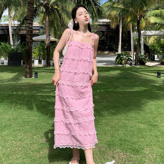 Women Sweet Pink Lace Dress Summer Spaghetti Strap Cute Long Dress  393