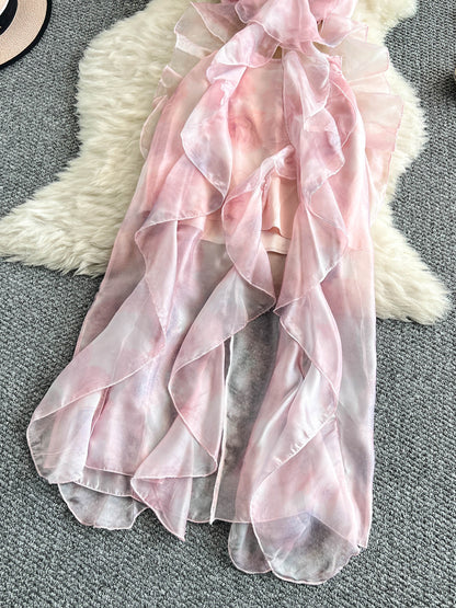 Sexy Halter Neck Printed Dress with Ruffled Backless Maxi Dress  L55