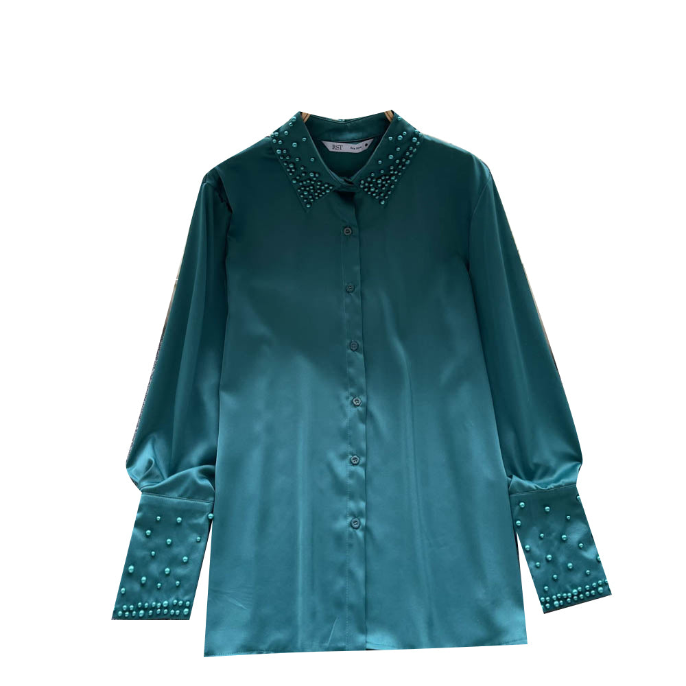 2023 Spring New Beaded Chiffon Shirt Women's Satin Long-sleeved French Shirt 336