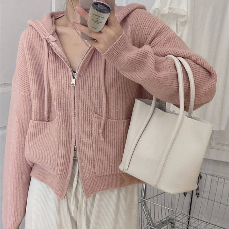 Autumn and Winter Zipper Hooded Sweater Loose Knitted Cardigan Jacket 1722