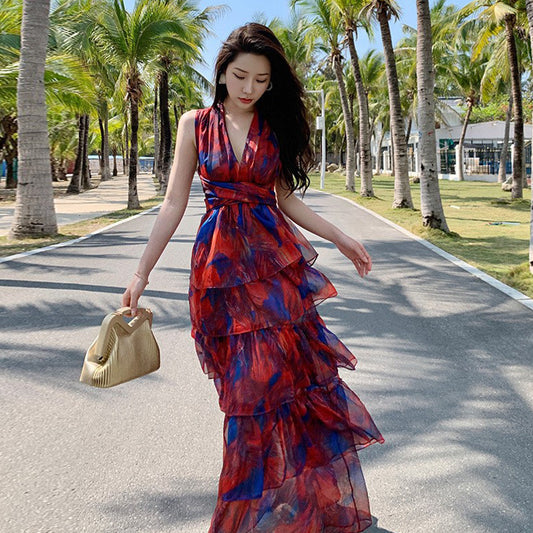 V-neck Printed Dress High Waist Long Dress Summer Dress 784