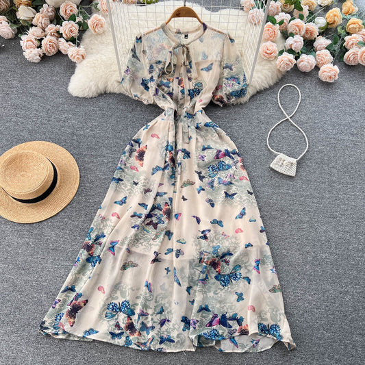 Women's French Style Sweet Puff Sleeve Floral Dress 286