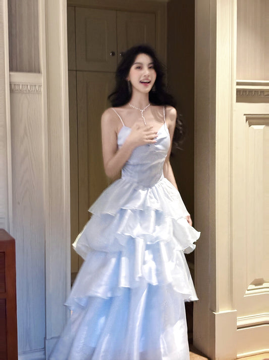 Spaghetti Strap Blue A-Line Formal Dress Layered Prom Dress L76