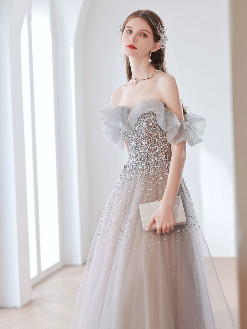 Off Shoulder Gray Sequins Long Prom Dress A Line Tulle Formal Evening Gown 305