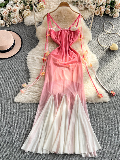 Fairy Gradient Color 3d Flower Dress Summer Slim Mermaid Long Skirt  L66