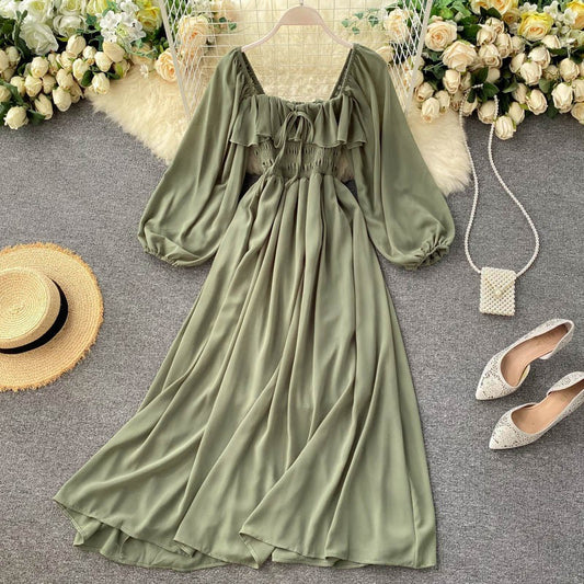 New Women French Retro Dress Square Neck Puff Sleeve Chiffon Skirt 1005