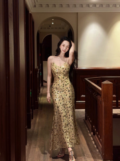 Robe de bal sexy à paillettes dorée élégante, robe sirène moulante L81