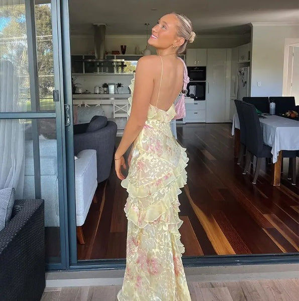 Robe de bal longue fourreau jaune à bretelles spaghetti et dentelle à volants 2462