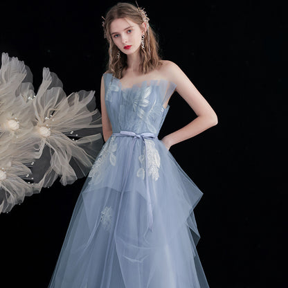 strapless blue tulle prom dress a line long evening dress party dress 162 - JulyProm