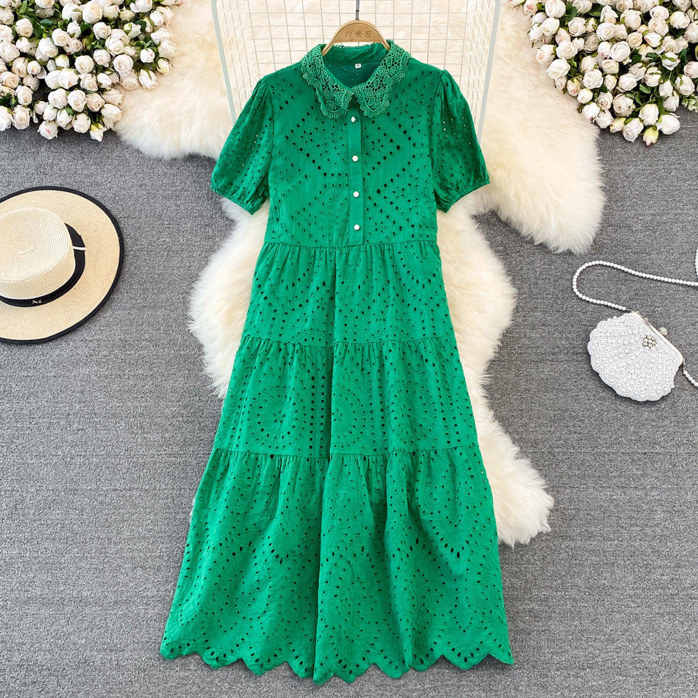 2022 Summer Doll Collar Hollow Puff Sleeve Dress Elegant Long Dress 450