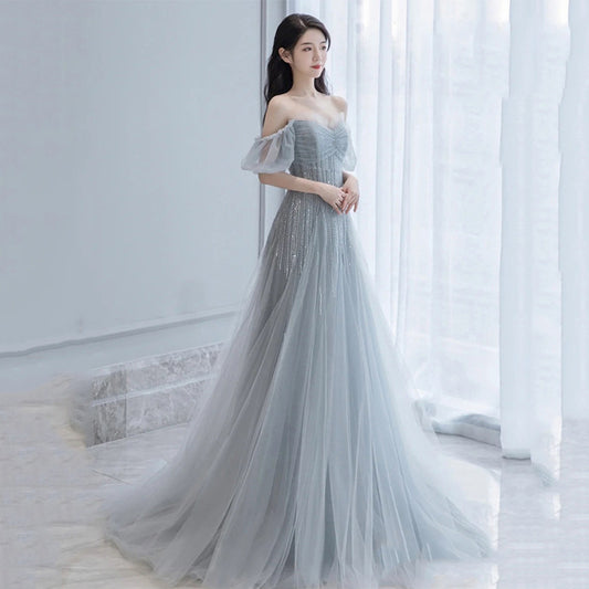 Off Shoulder Silver Gray Tulle Prom Dress A Line Evening Formal Dress 602