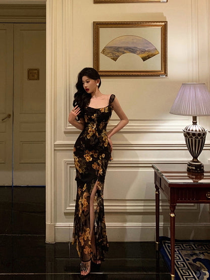 Ruffled Floral Summer Dress Slit Chiffon Long Dress L21