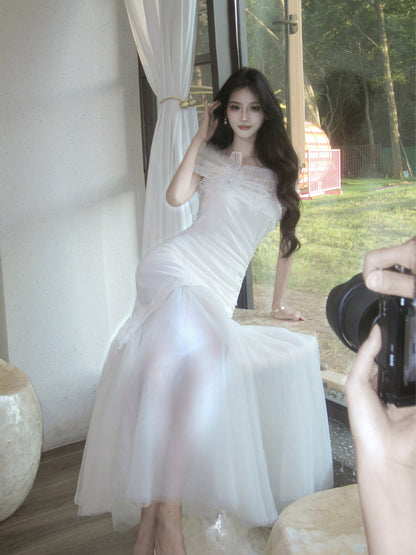 Robe sirène longue en dentelle à épaules dénudées L77