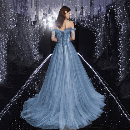 Off Shoulder Shiny  Blue Tulle Prom Dress A Line Long Formal Evening Party Gown 638