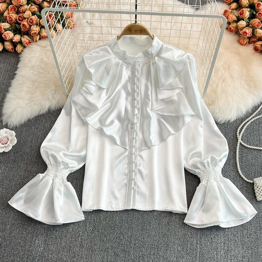 Women's Retro Trumpet Sleeve Standing Satin Shirt French Loose Top 232