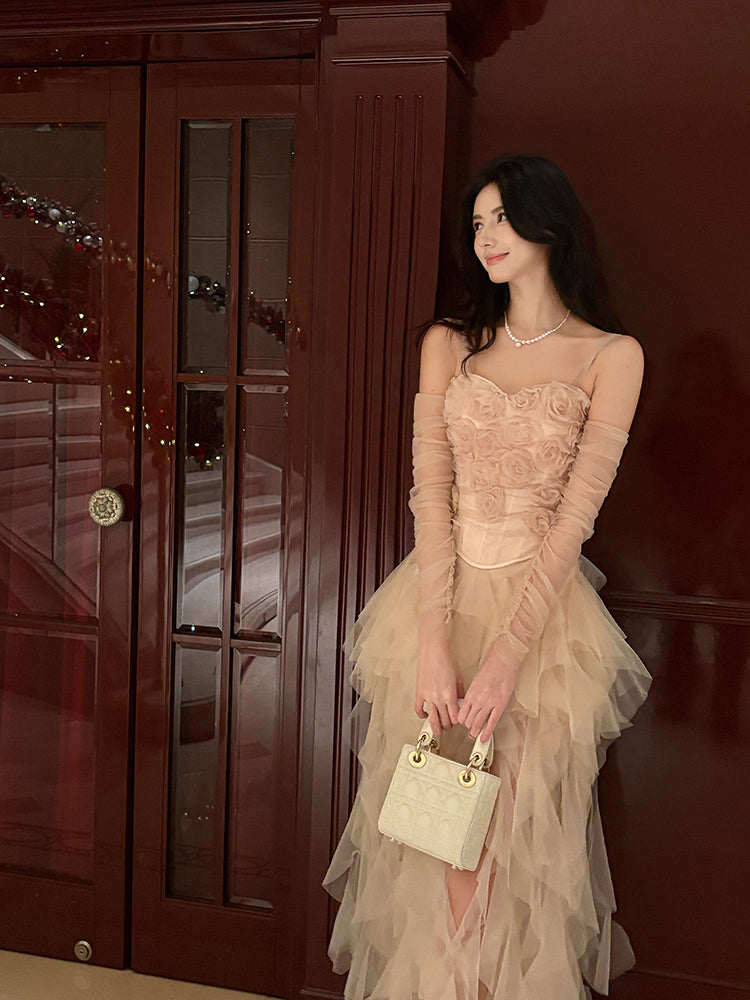 Tulle Midi Skirt   Rose Pink Strapless Top Two-Piece Set L78