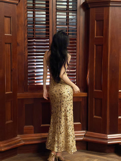 Robe de bal sexy à paillettes dorée élégante, robe sirène moulante L81