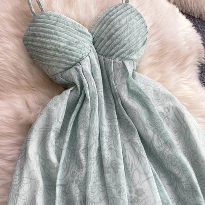 Mint Green Spaghetti Strap Dress Fairy Holiday Backless Long Dress  L48