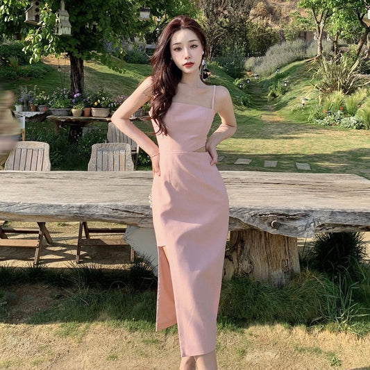 French Style Slit Pink Spaghetti strap Dress 2023 Summer Sexy Dress 426