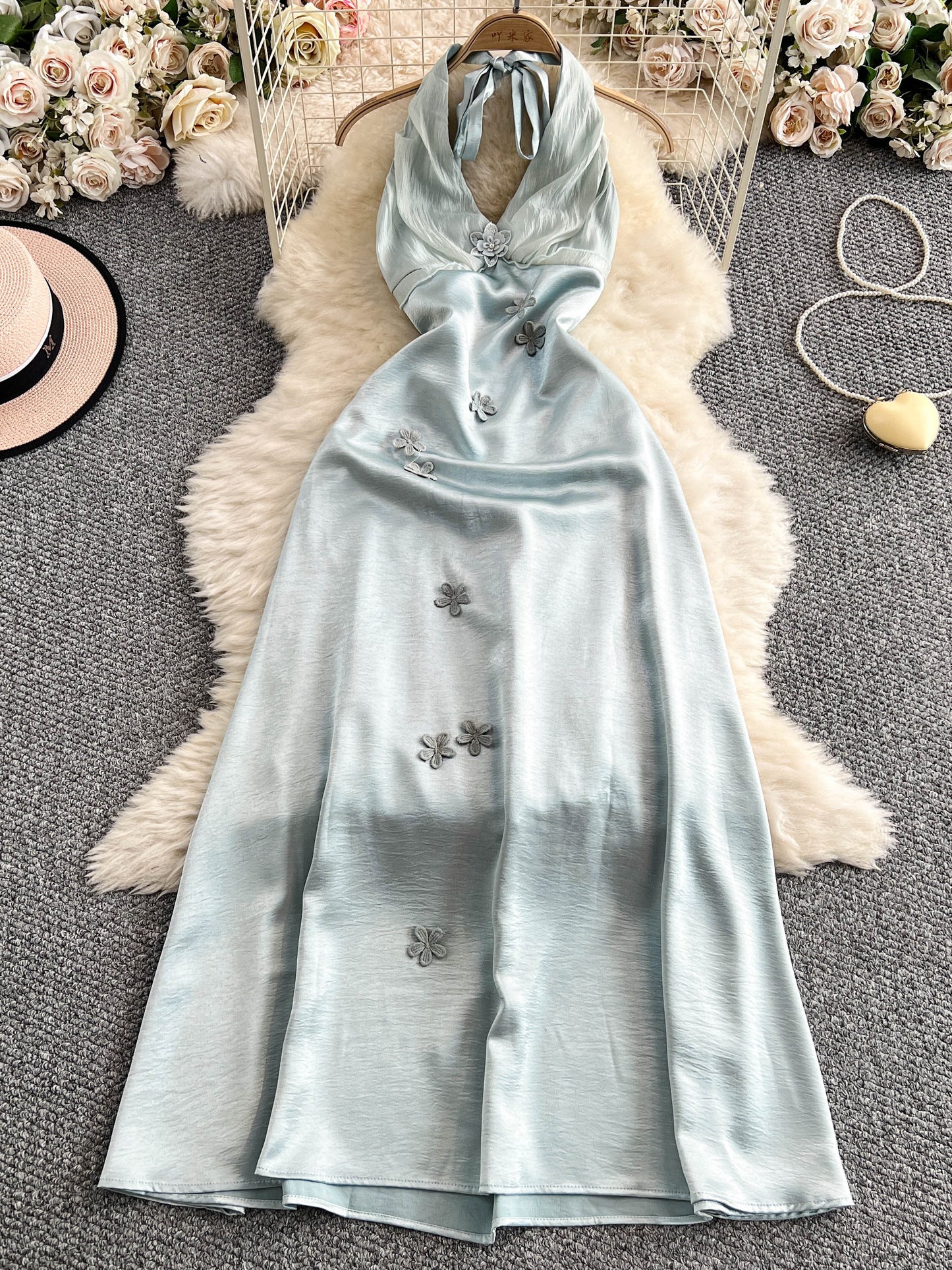 Holiday Sexy Backless V-Neck Halter Dress Three-Dimensional Flower Long Skirt L47