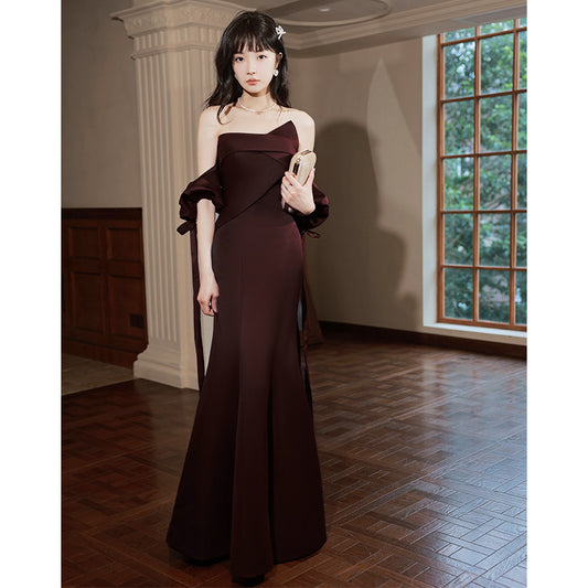 Mermaid Wine Red Strapless Long Prom Dress Elegant Evening Party Dress  192