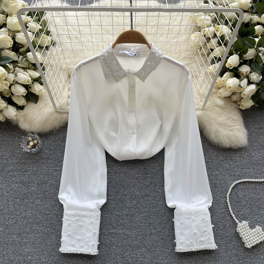 2023 Spring New Beaded Chiffon Shirt Women's Satin Long-sleeved French Shirt 336