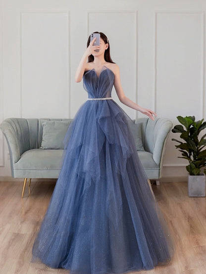 Strapless Formal Evening Gown Blue A Line Tulle Shiny Prom Dress 214 - JulyProm