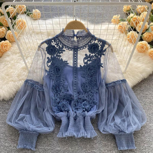 3D  Flower Mesh Lantern Sleeve Top Short Female Lace Shirt 833