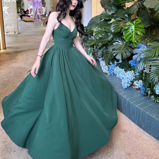 Spaghettiträger A-Linie Grün Langes Ballkleid Chiffon Formales Partykleid J8051