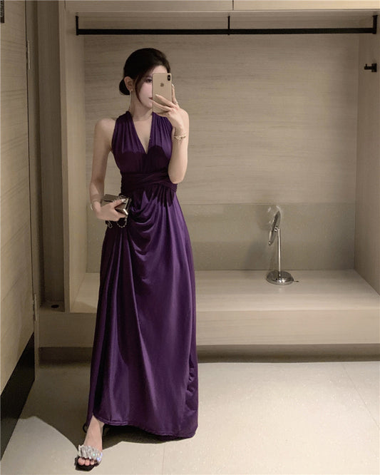 Purple French Retro Halter Neck Dress Backless Sexy Holiday Long Dress 384