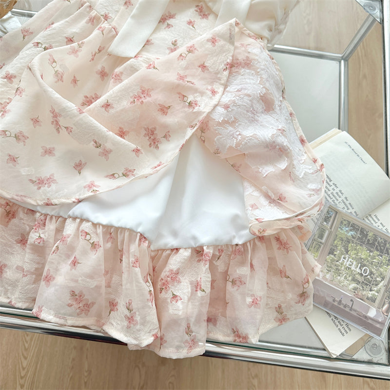 Sweet Bow Floral Dress Women's Summer Fluffy Short Dress L36