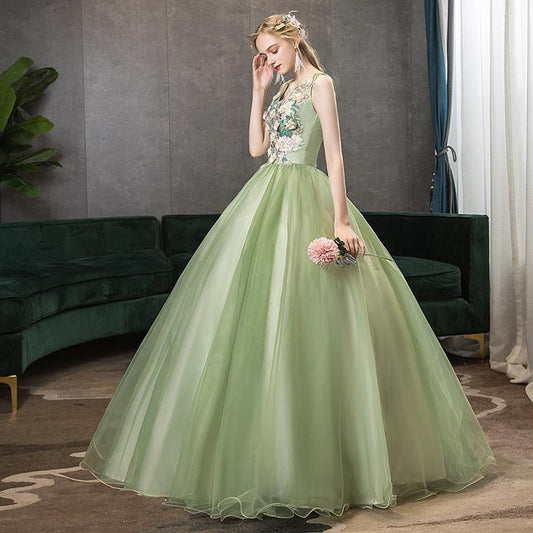 Green Tulle Ball Gown with Flower Sweet 16 Birthday Party Gown Prom Dress 207