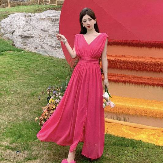 Rose Red High Waist Dress V Neck Chiffon Sleeveless Long Dress with Slit 793