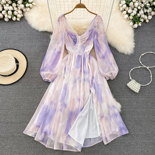 Spring and Autumn Ink Printing Dress Women V neck Pleated Chiffon Dress 1157